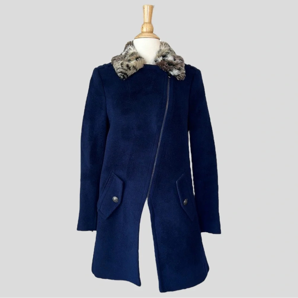REBECCA TAYLOR Wool Blend Coat Navy‎ Blue Animal Print Faux Fur Collar, Size 2